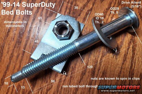 bedboltnew.jpg Aftermarket long bolt dimensions in mm.
IF THE IMAGE IS TOO SMALL, click it.