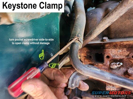 keystoneunclamp.jpg To open a keystone clamp without damage so it can be re-clamped later, simply insert a pocket screwdriver blade and work it side-to-side. The clamp is easily closed again with end-cutting pliers.
IF THE IMAGE IS TOO SMALL, click it.