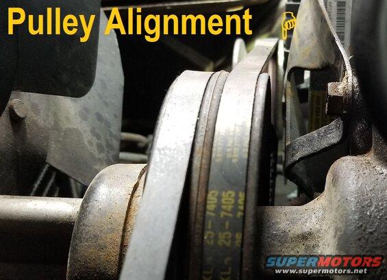 pulleyalign.jpg Pulley Alignment can be checked by simply sighting across the pulleys. In this case, the camera is aligned with the (far) alternator pulley, showing how badly the belt is being twisted. This can cause noise, wear, bearing or seal failure, or belt loss.
IF THE IMAGE IS TOO SMALL, click it.