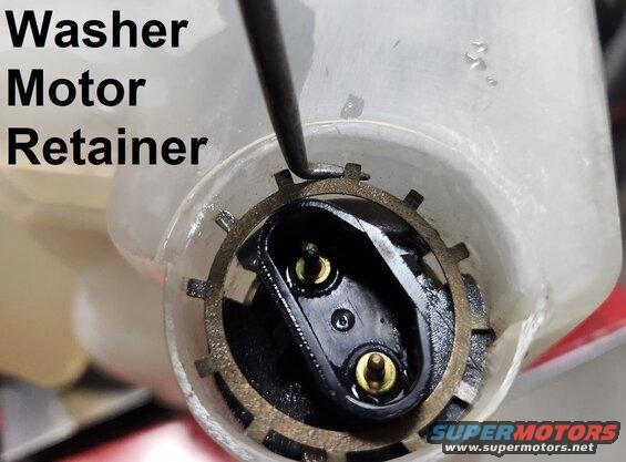 washermotor.jpg To remove the washer pump motor, pick most of the tabs on the retainer ring up in the tank bore.
IF THE IMAGE IS TOO SMALL, click it.