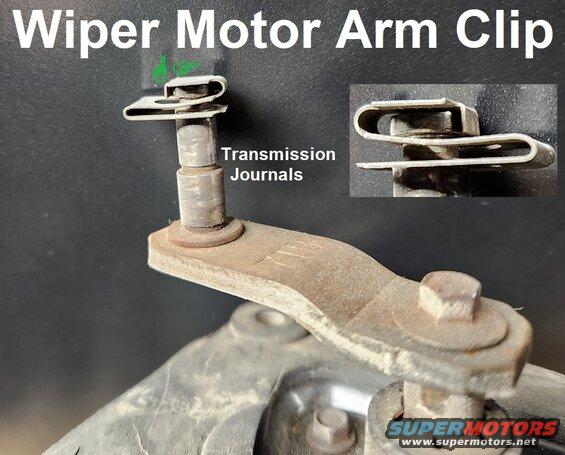 wipermtrarm.jpg Wiper Motor Arm Clip
IF THE IMAGE IS TOO SMALL, click it.

To remove, lift the top (rear when installed) of the clip and slide it so the keyhole comes off the shaft.