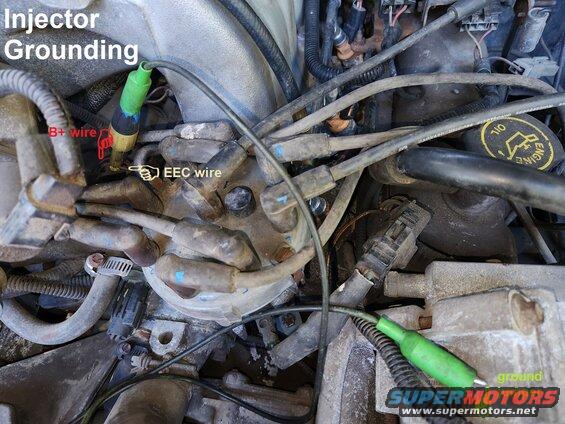 injectorgrounding.jpg Stuck Injectors can be freed by simply grounding the EEC wire (NOT the red wire) while the key is in RUN. After a few seconds (sometimes up to a couple of minutes), they can be heard to click open, as the heat from being held on warms up & melts the congealed gas inside them. After all of them can be heard to open & close as the ground wire is removed & applied, cycling the fuel pump will push liquid gas through, allowing the engine to be started & run. The longer it runs (especially with injector cleaners added to the gas), the better the injectors will work, and the smoother the engine will run. 

Bank-fired injectors (MAP: '85-93 & some '94-95), have either a Tan or Tan/Red (Bank 1) or a White or Tan/Orange (Bank 2) EEC wire; sequential (MAF: some '94-95 & all '96 under 8500GVWR) have a unique wire for each injector that must be grounded (but NEVER the Red wire).

[url=https://www.supermotors.net/registry/media/892730_1][img]https://www.supermotors.net/getfile/892730/thumbnail/eecconnectors.jpg[/img][/url] . [url=https://www.supermotors.net/registry/media/831135_1][img]https://www.supermotors.net/getfile/831135/thumbnail/wiring9295.jpg[/img][/url] . [url=https://www.supermotors.net/registry/media/851335][img]https://www.supermotors.net/getfile/851335/thumbnail/33idlingr.jpg[/img][/url] . [url=https://www.supermotors.net/registry/media/1132417][img]https://www.supermotors.net/getfile/1132417/thumbnail/30pump.jpg[/img][/url]