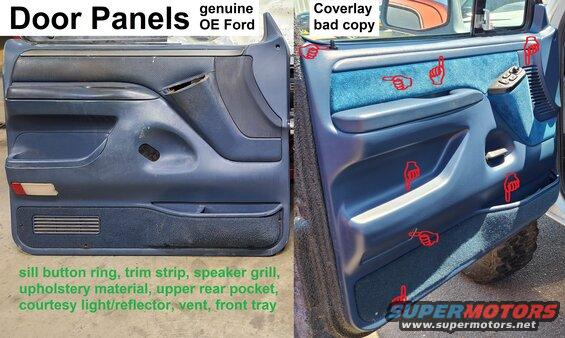 panels-compared.jpg Unfortunately, there are no new XLT/EB door panels in production anywhere. These are poor copies of the Custom/XL panels with some XLT-ish features molded in. And they're crazy-expensive.
IF THE IMAGE IS TOO SMALL, click it.