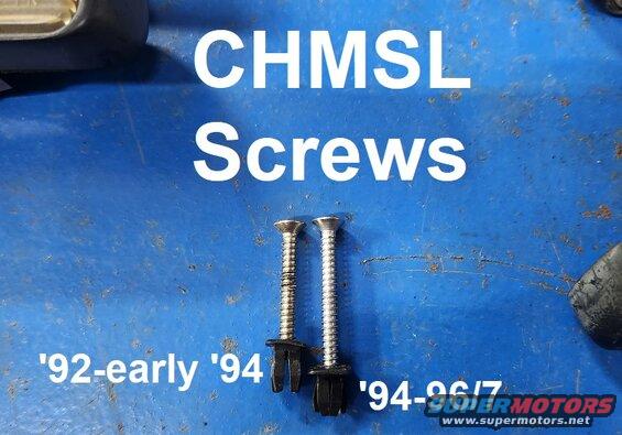 chmslscrews.jpg CHMSL Screws
IF THE IMAGE IS TOO SMALL, click it.

The early screws are ~5/16"(8mm) shorter than later screws.

[url=https://www.supermotors.net/registry/media/1172401][img]https://www.supermotors.net/getfile/1172401/thumbnail/chmslpn.jpg[/img][/url] . [url=https://www.supermotors.net/registry/media/1172398][img]https://www.supermotors.net/getfile/1172398/thumbnail/chmsls24.jpg[/img][/url] . [url=https://www.supermotors.net/registry/media/1172398][img]https://www.supermotors.net/getfile/1172398/thumbnail/chmsls24.jpg[/img][/url]