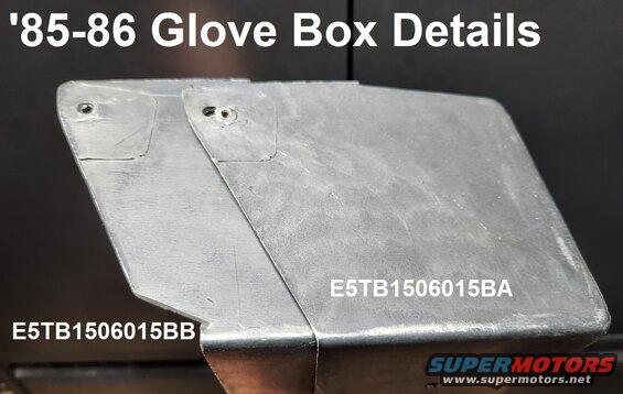 glovebox86s.jpg '85-86 Glove Box details
IF THE IMAGE IS TOO SMALL, click it.

Both years got an improved plastic design instead of the older stapled cardboard box, but it was revised again for '86 with a notch near the hinge.