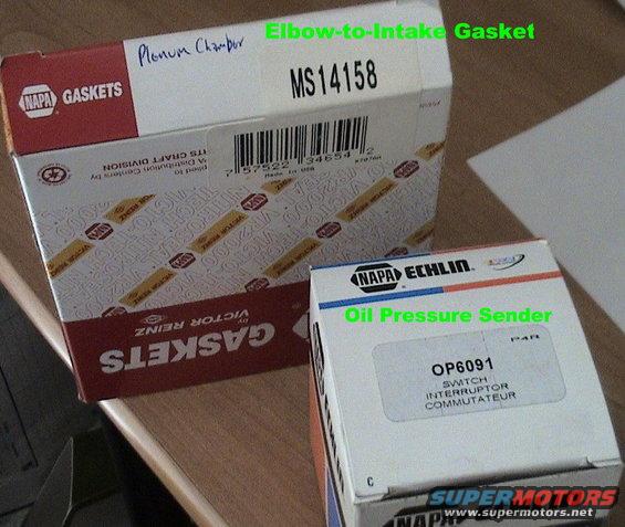 sender--gasket.jpg The "plenum chamber" gasket goes between the intake & the throttle-body elbow, and is replaced after cleaning the EGR passages.

The oil pressure sender will allow the gauge to actually work if its resistor on the back of the cluster is shorted.