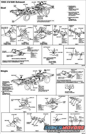 exhaust93.jpg Exhaust 1993

Exhaust System Alignment 
   
1. Raise and support the vehicle.
2. Check for loose, damaged, or missing heat shields. Install new heat shields as necessary. Check for any trapped foreign material between the heat shields and the exhaust system components. 
3. Loosen all exhaust component fasteners and clamps from the exhaust manifolds to muffler inlet pipe. 
4. NOTE: Make sure the exhaust insulators are free to move.  Beginning at the front of the vehicle, align the exhaust system to establish the maximum clearance.  Make sure the muffler extension pipe and the muffler inlet pipe are pushed all the way into the preceding pipe and the notches are correctly lined up with the tabs. 
5. Beginning at the front of the vehicle, tighten all fasteners and clamps to specification.
6. Start the engine and check the exhaust system for leaks.