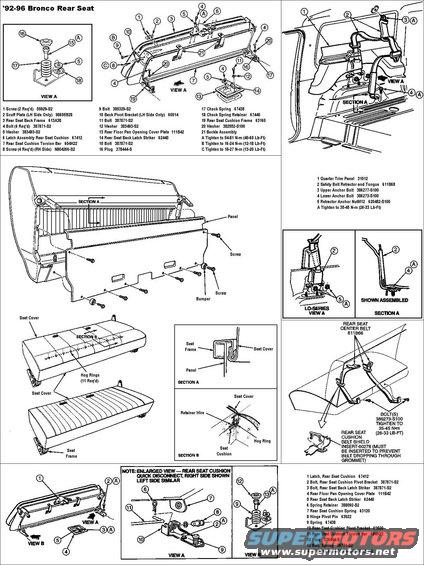 rearseatbronco.jpg '92-96 Bronco Rear Seat & Belts
IF THE IMAGE IS TOO SMALL, click it.

[url=http://www.supermotors.net/registry/media/894698][img]http://www.supermotors.net/getfile/894698/thumbnail/chairrearbench.jpg[/img][/url] . [url=http://www.supermotors.net/registry/media/311932][img]http://www.supermotors.net/getfile/311932/thumbnail/belts92mocharear.jpg[/img][/url] . [url=http://www.supermotors.net/registry/media/858282][img]http://www.supermotors.net/getfile/858282/thumbnail/rseathdwr85b.jpg[/img][/url] . [url=http://www.supermotors.net/registry/media/970013][img]http://www.supermotors.net/getfile/970013/thumbnail/strikebar.jpg[/img][/url] . [url=https://www.supermotors.net/registry/media/1165867_1][img]https://www.supermotors.net/getfile/1165867/thumbnail/seatrearmounts.jpg[/img][/url]

'78-91 have the reels mounted where the buckles (21 in the top panel) are in this diagram, and the buckles mounted near the seatback hinges (8 in the top panel).
#18 (Top Panel, View A) Check Spring Retainer D8TZ9867440A

In the bottom panel View A, the unnamed item between 8 & 10 is a foam washer as shown here.

[url=http://www.supermotors.net/registry/media/623150][img]http://www.supermotors.net/getfile/623150/thumbnail/seatpins.jpg[/img][/url]

Repro hinges are available in '24: https://shop.broncograveyard.com/78-96-Rear-Seat-Mounting-Kit/productinfo/275118/