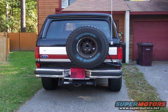 bronco.jpg reintalled rear tire carrier. When I bought the truck it wasn't installed, so we cleaned it up, painted it and reinstalled it. Also has tow reciever already installed with trailering wire harness.