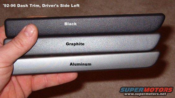 dashtrimsds.jpg Dash trim drivers side L. Others available.  The Aluminum color is painted silver with fine black stripes.  View in Hi-Res (click the image) for more detail.

Black is used in Custom, XL, Nite, Lightning, XLT Sport, and Eddie Bauer with woodgrain
Graphite (Platinum) & Aluminum are used in XL & XLT
Early EBs use Aluminum (black with stripe)

[url=http://www.supermotors.net/registry/media/760981][img]http://www.supermotors.net/getfile/760981/thumbnail/clusterbezel9296.jpg[/img][/url]

Right black
Right Graphite/Platinum F2TZ15046A62B
Right Aluminum/(black with stripe) F2TZ15046A62C
Left black
Left Graphite/Platinum F2TZ15046A63B
Left Aluminum/(black with stripe) F2TZ15046A63C