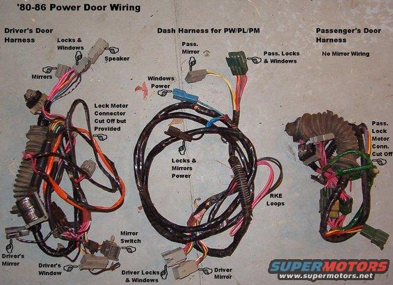 doorharnesses.jpg SOLD Power Door Harnesses for '80-86 door panels ('87-91 similar)

Non-power panels are pre-marked at the factory to be cut for power switches.  Non-power dash wiring includes power connectors for center harness.  Doors & cowls are pre-marked for holes to be cut for rubber boots.

Note that passenger harness needs lock motor connector.  Driver's harness includes connector, but it must be spliced on at the correct length.

Additional switches & bezels available.