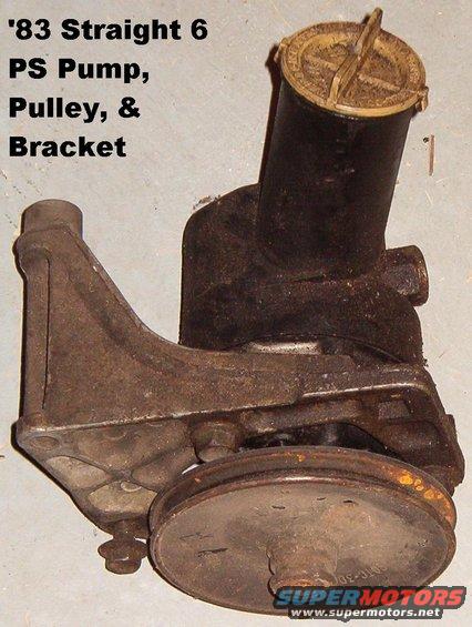 pspump83.jpg Power Steering Pump (LOST???)
From '83 300ci I6, including pulley & bracket.  May fit others.

[url=http://www.supermotors.net/registry/media/512865][img]http://www.supermotors.net/getfile/512865/thumbnail/pspumpcii.jpg[/img][/url]