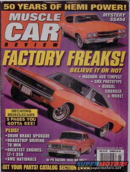 car.jpg Cover of Jan. 2002 issue of Muscle Car Review magazine - that red Falcon on the bottom of the cover is my car ! ! !   