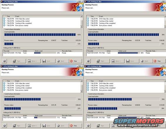 nerobounce.jpg This is just after I switched the cable from the DVD-ROM to the DVD-RW-DL & burned a TY 8x-R from a HD image.  I've never had any trouble before, but this time, the buffer level of the drive was bouncing, and it seemed a LOT slower than an 8x burn should be.  A bounce cycle took ~4sec, and it continued throughout the burn, but it verified OK & plays fine.

I had set both IDEs to DMA if available, but it somehow switched itself to PIO Only, apparently when I swapped drives.  I didn't know until after the burn was finished because the CPU was at 100% load (with irregular & infrequent spikes to 0%) and Device Mgr. wouldn't open during the burn.