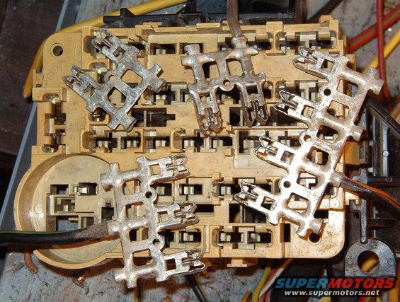 05busbars.jpg The bus bar configuration varied by vehicle year & model.  Not all have a wire attached.
IF THE IMAGE IS TOO SMALL, click it.

If necessary, the bus bars can be reconfigured by cutting or soldering wires into the unused crimps to create whatever arrangement is needed, like this:

[url=https://www.supermotors.net/registry/media/904649][img]https://www.supermotors.net/getfile/904649/thumbnail/alwaysonpw.jpg[/img][/url]

Terminals & wires can also be added to unused locations to keep fuses for new circuits with the originals.  Just be careful not to overload any point in the circuit, including the fuse terminal itself, as the NEXT pic shows...

See also:
[url=https://www.supermotors.net/registry/media/849725][img]https://www.supermotors.net/getfile/849725/thumbnail/fusesblades.jpg[/img][/url] . [url=https://www.supermotors.net/registry/media/830776][img]https://www.supermotors.net/getfile/830776/thumbnail/fusiblelinkrepair.jpg[/img][/url] . [url=https://www.supermotors.net/registry/media/832986][img]https://www.supermotors.net/getfile/832986/thumbnail/bulbsfuseswire.jpg[/img][/url] . [url=https://www.supermotors.net/registry/media/165446][img]https://www.supermotors.net/getfile/165446/thumbnail/fuse-cover-83.jpg[/img][/url] . [url=https://www.supermotors.net/registry/media/830800][img]https://www.supermotors.net/getfile/830800/thumbnail/fuseblock86.jpg[/img][/url] . [url=https://www.supermotors.net/registry/media/834107][img]https://www.supermotors.net/getfile/834107/thumbnail/fuses92f.jpg[/img][/url] . [url=https://www.supermotors.net/registry/media/834106][img]https://www.supermotors.net/getfile/834106/thumbnail/fuses94gas.jpg[/img][/url]

https://www.fleet.ford.com/truckbbas/non-html/1997/c37_39_p.pdf 
http://www.bbbind.com/free_tsb.html