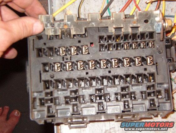 23busout.jpg The bus bar must be lifted evenly so all the tabs come out of their slots at the same time.  The fuses connected to the bus bar are hot at all times.  To make one key-switched, cut off its tab, AND the metal below/around the tab so a wired terminal can be inserted to that location.

See also:
[url=https://www.supermotors.net/registry/media/849725][img]https://www.supermotors.net/getfile/849725/thumbnail/fusesblades.jpg[/img][/url] . [url=https://www.supermotors.net/registry/media/830776][img]https://www.supermotors.net/getfile/830776/thumbnail/fusiblelinkrepair.jpg[/img][/url] . [url=https://www.supermotors.net/registry/media/832986][img]https://www.supermotors.net/getfile/832986/thumbnail/bulbsfuseswire.jpg[/img][/url] . [url=https://www.supermotors.net/registry/media/904649][img]https://www.supermotors.net/getfile/904649/thumbnail/alwaysonpw.jpg[/img][/url]
[url=https://www.supermotors.net/registry/media/165446][img]https://www.supermotors.net/getfile/165446/thumbnail/fuse-cover-83.jpg[/img][/url] . [url=https://www.supermotors.net/registry/media/830800][img]https://www.supermotors.net/getfile/830800/thumbnail/fuseblock86.jpg[/img][/url] . [url=https://www.supermotors.net/registry/media/834107][img]https://www.supermotors.net/getfile/834107/thumbnail/fuses92f.jpg[/img][/url] . [url=https://www.supermotors.net/registry/media/834106][img]https://www.supermotors.net/getfile/834106/thumbnail/fuses94gas.jpg[/img][/url]

https://www.fleet.ford.com/truckbbas/non-html/1997/c37_39_p.pdf 
http://www.bbbind.com/free_tsb.html