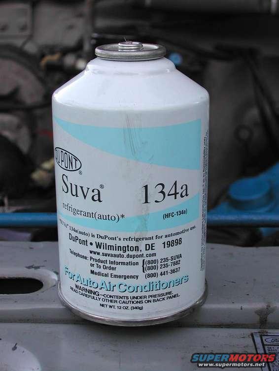 r134a.jpg I ran the vacuum with both guage set valves open for 30min. Now close both valves and remove the vac pump. Connect a R134a source to the yellow hose. You can use the 30lb can or the small 12oz cans. Bleed the hose at the manifold so there is no air in the line. open the low side valve slowly and let the R134a fill the system and bring the guage back to 0. Now close the low side valve and the valve on the R134a and reconnect the vac pump. Repeat the above once more for 15min then again for 15min and you're ready for the full charge. This time don't stop at 0. Let the R134a charge the system up to 60 to 80 lbs. You can put the can of R134a in warm water to help purge it. 

Now you can start the truck and set the idle to 1500RPM. Set the cooling controls to max and high fan speed. Slowly open the low side valve on the guage set and let the refrigerant charge the system. You pretty much have to go by the readings on the guage set rather than the old R12 sticker for what a proper charge is. R134a operates at a higher pressure. I think mine calls for 3.5lbs of R12 but it would only hold about 2.5lbs before the high side pressure had reached 315lbs. That's too high, it should be kept under 300. There is a pressure relief valve on the high side of the compressor so therotically it should purge before any components fail but murphy's law always applies around my place. The low side stabalized at 35lbs.