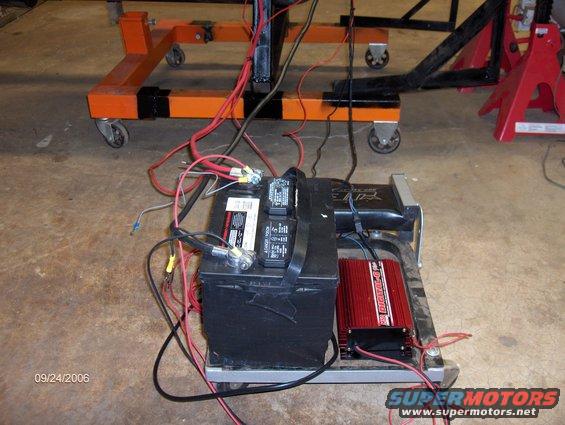 hpim0677.jpg Battery, MSD Digital6, wires going to MSD dist., +/- battery wires, alt wire from alt to battery.