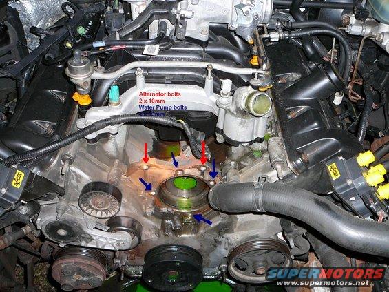 water-pump-and-alternator-removed_edit.jpg Step 9,10, and 11

Remove the alternator by removing the 2 10mm bolts underneith the alternator. Set alternator aside and leave the 2 bolts WITH the alternator.

Remove the water pump by first removing the 4 13mm bolts around the waterpump. then use a Large screwdriver(or prybar) to pry the waterpump loose using the 2 tabs prived in the casting of the pump. Once pump is removed, set it aside along with the 4 bolts.

Remove the upper radiator hose clamp and hose. 