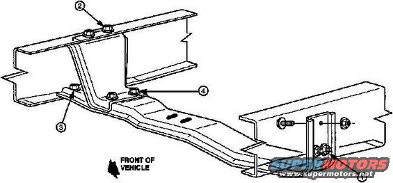 tsb970310fig7.jpg a.	Slide the bolt and washer into the &quot;window&quot; opening on the outside of the frame siderail, and insert it into the newly-reamed hole.

NOTE:
ON VEHICLES WITH QUAD SHOCK ABSORBERS, IT MAY BE NECESSARY TO REMOVE THE SHOCK/SPRING TOWER TO GAIN ACCESS TO THE &quot;WINDOW&quot; IN THE SIDERAIL.

b.	Install the washer and nut and torque nut to 190 ±4N-m (140 ±3 lb-ft). Turn the wheels lock-to-lock several times to seat the joint and retorque. Tack weld the nut to the bolt after tightening.

CAUTION:
DO NOT WELD THE NUT/WASHER TO THE FRAME.

NOTE:
ON HEAVY DUTY VEHICLES, IT MAY BE NECESSARY TO UPGRADE THE REPLACEMENT FASTENER TO A 5/8&quot; GRADE 8 TORQUE PREVAILING NUT (34991-S2), BOLT (58720-S100) AND TWO (2) WASHERS (44881-S2) TORQUED TO 250 ±6.8 N-m (185 ±5 LB-FT).


(B) Other #1 Crossmember Rivets

NOTE:
USE WARRANTY DEALER CODING: 5020, AS BASIC PART NO.

Follow the &quot;Huck Fastener&quot;/Repair Procedure A, listed in this article for cold head rivets and replace the rivet with a 9/16&quot; Grade 8 torque prevailing Nut (34990-S2) with a Washer (44880-S2) and a Grade 8 Bolt (58698-S2) with a Washer (44880-S2).


(C) Other Rivets

NOTE:
USE WARRANTY DEALER CODING: 5004, AS BASIC PART NO.

Follow TSB «96-15-11» for proper rivet replacement procedure.


(D) Transmission Crossmember

NOTE:
USE WARRANTY DEALER CODING: 5060, AS BASIC PART NO.

This procedure should be done on flat ground or on a drive-on lift, with the wheels pointed straight and full weight resting on the wheels.

NOTE:
A SIMILAR NOISE CAN OCCUR AT THE TRANSFER CASE SKID PLATE ATTACHMENTS AND SHOULD BE INVESTIGATED IN CONJUNCTION WITH THIS REPAIR PROCEDURE.

1.	Remove transmission weight:

a.	Remove bolts attaching transmission mount to the crossmember.

b.	Lift the transmission to remove any load to the crossmember. The crossmember should now be completely loose.

NOTE:
YOU MAY NOTICE THE FRAME RAILS TWIST SLIGHTLY AND &quot;RELAX&quot; AFTER THIS NEXT STEP.

2.	Loosen crossmember:

a.	Loosen all bolts attaching the crossmember to the frame siderails.

b.	Loosen all bolts attaching the crossmember gusset(s) to the crossmember and to the frame siderails. The crossmember should now be completely loose.

3.	Turn the steering wheel lock-to-lock and then straighten the wheels. This helps to remove any stress in the frame.

4.	Install new crossmember fastening hardware one at a time and replace each nut and bolt with a new Nut (N800937-S427) and Bolt (N802114-S2) and leave them loosely assembled until all crossmember and gusset fasteners have been replaced.

NOTE:
IT IS IMPERATIVE THAT THE FOLLOWING TIGHTENING SEQUENCE BE FOLLOWED.

5.	Secure the crossmember attaching hardware. Determine which style of crossmember the vehicle is equipped with, and follow Step 6 or 7.

6.	If the vehicle has a wraparound-style crossmember (Figure 7), torque each grouping of fasteners in the order listed in the following Substeps to 70 ±10.5 N-m (52 ±8 lb-ft).

Click &quot;Next&quot; beside the image above to continue.

See also:
http://www.nloc.net/vbforum/gen-1-lightnings/209927-frame-off-resto-225k-mile-lighting-2.html#post1958385
[url=http://www.supermotors.net/registry/media/470473][img]http://www.supermotors.net/getfile/470473/thumbnail/tsb970628motoringtorque.jpg[/img][/url] . [url=http://www.supermotors.net/registry/media/520094][img]http://www.supermotors.net/getfile/520094/thumbnail/steeringcrack.jpg[/img][/url] . [url=http://www.supermotors.net/registry/media/724072][img]http://www.supermotors.net/getfile/724072/thumbnail/tsb901309rearshockcracks.jpg[/img][/url] . [url=http://www.supermotors.net/registry/media/428456][img]http://www.supermotors.net/getfile/428456/thumbnail/1992-bronco-frame.jpg[/img][/url]