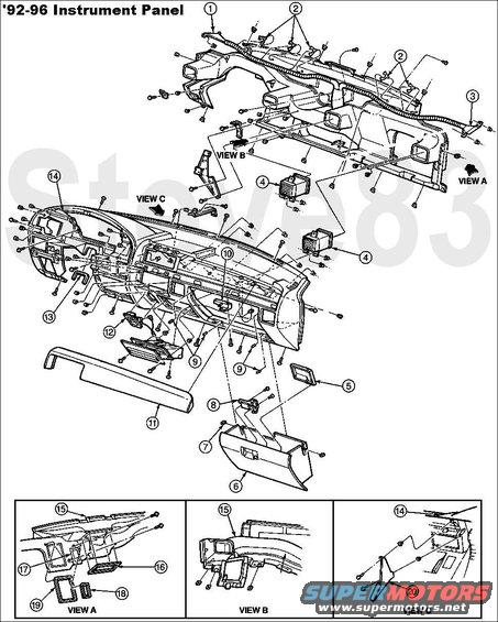 dash9296.jpg Dash Exploded '92-96
IF THE IMAGE IS TOO SMALL, click it.

This shows a DISASSEMBLED dash; to REMOVE the dash, this is NOT necessary.  In fact, one of the screws near the center of the dash is installed inside the air ducts, making it impossible to access before removing the dash assembly.

1 - A/C Side Window Demister and Hose (RH) 19E630
2 - A/C Accumulator Tube Support Clip 19B632
3 - A/C Side Window Demister and Hose (LH) 19E630
4 - A/C Registers 19893
5 - Glove Compartment Door Latch Cover 061A40
6 - Glove Compartment 06024
7 - Glove Compartment Bumpers 06115
8 - Glove Compartment Door Latch 106004
9 - Glove Compartment Bumpers N805979-S
10 - Lamp and Catch Assembly 5A563
11 - Pad and Retainer 04282
12 - Power Point 19N236
13 - Steering Column Opening Insulator 01657
14 - Instrument Panel 04320
15 - Duct and Support Assembly 19E726 
16 - Defrost Seal Nozzle 18C367
17 - Connector 19E680
18 - Demister Seal 19C901
19 - A/C Seal 19C901
20 - Instrument Panel Center Bracket 047A32

See also:
[url=https://www.supermotors.net/registry/2742/76849-4][img]https://www.supermotors.net/getfile/868913/thumbnail/11done.jpg[/img][/url] . [url=https://www.supermotors.net/registry/media/503997][img]https://www.supermotors.net/getfile/503997/thumbnail/tsb941513pics.jpg[/img][/url] . [url=https://www.supermotors.net/registry/media/496112][img]https://www.supermotors.net/getfile/496112/thumbnail/tsb941708dashnoise.jpg[/img][/url] . [url=https://www.supermotors.net/registry/media/723386][img]https://www.supermotors.net/getfile/723386/thumbnail/tsb92259dashcrackingsound.jpg[/img][/url] . [url=https://www.supermotors.net/registry/2742/33556-2][img]https://www.supermotors.net/getfile/313722/thumbnail/04ramps.jpg[/img][/url]