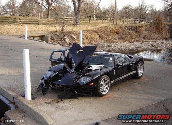 fordgt500crash1.jpg The Ford GT began as a concept car designed in anticipation of Ford's centennial year and as part of its drive to showcase and revive its "heritage" names such as Mustang and Thunderbird. One man located in Kansas City waited 2 years for this $200,000 car. He had this car only two days and had only put 9 miles on it when he decided to try out how fast it would go -- and decided to punch the gas pedal. When he did, he lost traction at the rear wheels on a bridge next to seventeenth hole at Mission Hills Country Club.