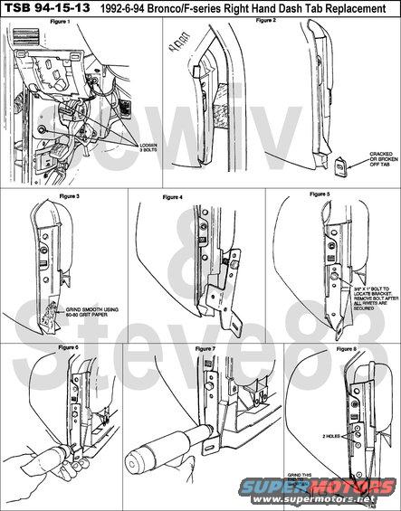 tsb941513pics.jpg TSB 94-15-13 Dash Right Attachment Tab
IF THE IMAGE IS TOO SMALL, click it.
Publication Date: JULY 27, 1994  

LIGHT TRUCK: 1992-94 BRONCO, F SUPER DUTY, F-150-350 SERIES

ISSUE: A &quot;rattling&quot; noise may come from the right hand side of the instrument panel. This occurs when the cowl attachment cracks causing the instrument panel to become loose. 

ACTION: Install a metal bracket to the right side of the instrument panel to secure instrument panel to cowl. Refer to Instruction Sheet #6551. 

NOTE: For steps 1-7 and 16-23, refer to the 1994 Bronco/F-series Service Manual, Section 01-12A, for assistance.

NOTE: It is important for your hands and all equipment to be free of grease or oil since they can degrade plastic parts of the instrument panel, making them weak and less resistant to fracture.

1. Disconnect the battery ground cable. Wash hands with soap & water.
2. Remove the right and left kick panels (pushpins).
3. Remove the right side windshield garnish molding (Ph#2).
4. Remove the bolt securing the broken right hand lower instrument panel attachment (8mm).
5. Remove the 2 screws connecting the bottom of the instrument panel to the 2 braces (8mm).
6. Remove the 4 instrument panel top attaching screws (7mm).
7. Remove the steering column opening cover (7mm).
8. Loosen (do not remove) the 3 bolts (15mm) securing the left hand instrument panel aluminum brace to the cowl. (Figure 1)
9. Carefully pull the right side of the instrument panel toward the rear of the vehicle.  Insert a 2x4 wood block between the back of the instrument panel & the cowl. (Figure 2)
NOTE: Steps 10-17 require eye protection.
10. Grind off the remaining plastic tab on the duct. (Figure 3)
11. Align the new bracket on the duct with the large flange between the duct and the outer skin of the instrument panel. (Figure 4)
12. Insert a 3/8&quot; x 1&quot; bolt through the large hole of the bracket into the duct to locate the bracket into position. (Figure 5)
13. Using the bracket as a template, drill a 1/4&quot; hole through the lower hole of the bracket into the duct. (Figure 6)
NOTE: Make sure the bracket is pressed firmly against the duct before drilling.
14. Attach the bracket at the bottom with a truss-head rivet. (Figure 7)
15. Drill 2 remaining holes, using the bracket as a template, into the right side of the duct and fasten with truss-head rivets. (Figure 8 )
16. Position the instrument panel in its installed location.
17. If needed for clearance, grind tab (Figure 8 ) so it fits to cowl side without forcing into position.  The tab is made long to accomodate variations in the body sheet metal.
18. Install attaching bolt finger tight through the bracket into the A-pillar.  Do not tighten.
19. Install 4 instrument panel top screws. Torque to 20 in-lb (2.2 N-m).
20. Torque 3 left hand attachment bolts to 22 ft-lb (30 N-m).
21. Install the bottom braces to the instrument panel. Torque bolts to 62 in-lb (7 N-m).
22. Torque right hand bolt in new bracket to 62 in-lb (7 N-m).
23. Install steering column opening cover. Torque screws to 20 in-lb (2.2 N-m).
24. Replace kick panels and right windshield garnish molding.
25. Connect the battery ground cable.

PART NUMBER  PART NAME  PRICE
F4TZ-1504366-A  Instrument Panel Service Kit $30.08 (as of May 2011)
Service Kit (F4TZ-1504366-A) consists of: 
One (1) bracket 
Three (3) rivets 
One (1) Instruction Sheet #6551 

OTHER APPLICABLE ARTICLES: NONE
WARRANTY STATUS: Eligible Under The Provisions Of Bumper To Bumper Warranty Coverage

OPERATION  DESCRIPTION  TIME
941513A  Install Bracket  1.0 Hr.

See also:
[url=http://www.supermotors.net/registry/media/498379][img]http://www.supermotors.net/getfile/498379/thumbnail/dash9296.jpg[/img][/url] . [url=http://www.supermotors.net/registry/media/498382][img]http://www.supermotors.net/getfile/498382/thumbnail/dash9496components.jpg[/img][/url]