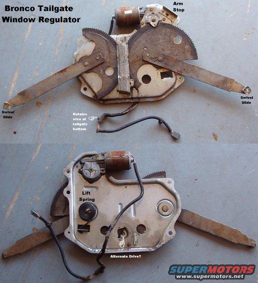 tgregulator.jpg Tailgate Window Regulator (FOTZ-9844000-A) with motor (E9TZ-98233V94-ARM)
IF THE IMAGE IS TOO SMALL, click it.
Fits '78-96 

Actual dimensions w/motor: 11.5 lbs 24x16x3&quot; 
Actual dimensions w/o motor: 8.5 lbs 24x16x1.5&quot;

For everything you need to know about rebuilding a Bronco tailgate, see this album: 
http://www.supermotors.net/vehicles/registry/2742/12689  

For a writeup on installation & alignment, read this: 
http://fullsizebronco.com/forum/showthread.php?t=69839

The alternate drive was never used by Ford, but appears to designed for a manual crank option, which would require deleting the motor and putting a hole in the t/g shell & trim panel (if equipped).