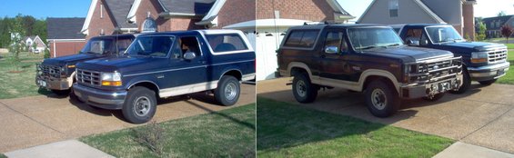 broncos.jpg The blue '93 EB is my brother-in-law's, but he abandoned it when he got an '02 F250 KR.  Since then, he sold that & got a Jaguar XK convertible, which he sold to go to an H2.  He probably won't keep that much longer.