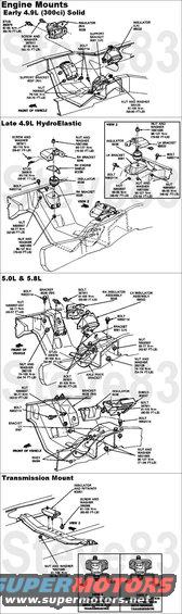 enginemounts.jpg Engine Mounts
IF THE IMAGE IS TOO SMALL, click it.
Test engine mounts by having an assistant rev the engine slightly with the brake held firmly, alternating between 1st & Reverse, while you watch the mounts with a flashlight &/or mirror.  More than 1/4&quot; movement between the block & frame indicates separation or failure.  Alternatively, a prybar may be used to lift the block away from the frame.

4.9L, 5.0L, & 5.8L mount-to-block fasteners have 5/8&quot; hex; '85-96 mount-to-frame perch stud is threaded 12mmx1.75 with 18mm nut

Normalize engine mounts by loosening them and, with engine running and brake pedal applied, shifting transmission from NEUTRAL to DRIVE and back to NEUTRAL. Tighten mounting bolts and road test.

WARNING: The electrical power to the air suspension system (if equipped) must be shut off prior to hoisting, jacking or towing an air suspension vehicle. This can be accomplished by turning off the air suspension switch. Failure to do so can result in unexpected inflation or deflation of the air springs, which can result in shifting of the vehicle during these operations.

Neutralizing:
1. With the vehicle in NEUTRAL, position it on a hoist.
2. Loosen, but do not remove, the powertrain/drivetrain mount fasteners.
3. Lower the vehicle.
4. Move the vehicle in FORWARD and REVERSE 0.6-1.2 meters (2-4 ft). CAUTION: Do not twist or strain the powertrain/drivetrain mounts.
5. With the vehicle in NEUTRAL, position it on a hoist.
6. Tighten the powertrain/drivetrain mount fasteners.
7. Lower the vehicle.
8. Test the system for normal operation.

[url=https://www.supermotors.net/registry/media/1157412][img]https://www.supermotors.net/getfile/1157412/thumbnail/polymounts.jpg[/img][/url] . [url=https://www.supermotors.net/registry/media/1154096][img]https://www.supermotors.net/getfile/1154096/thumbnail/engmts49l.jpg[/img][/url] . [url=https://www.supermotors.net/registry/media/744145][img]https://www.supermotors.net/getfile/744145/thumbnail/engmt.jpg[/img][/url] . [url=https://www.supermotors.net/registry/media/871757][img]https://www.supermotors.net/getfile/871757/thumbnail/189engmts.jpg[/img][/url]

See also:
[url=https://www.supermotors.net/registry/media/470224][img]https://www.supermotors.net/getfile/470224/thumbnail/radiusarmbrktrplc.jpg[/img][/url] . [url=https://www.supermotors.net/registry/2742/54113-4][img]https://www.supermotors.net/getfile/467404/thumbnail/tsb970310fig7.jpg[/img][/url]
[url=http://www.peachparts.com/shopforum/diesel-discussion/345913-more-motor-mounts.html]Molding your own poly engine mounts[/url]