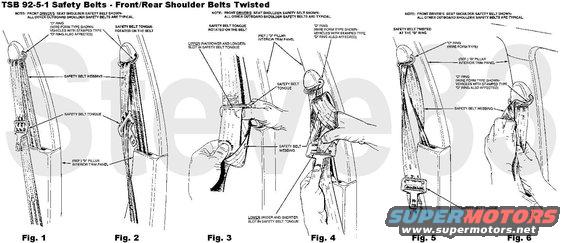 tsb920501beltstwisted.jpg TSB 92-5-1 Safety Belts - Front/Rear Shoulder Belts Twisted at &quot;D&quot; Ring, or Safety Belt Tongue Rotated on Webbing 
Publication Date: FEBRUARY 26, 1992  

FORD:
1990-1992 CROWN VICTORIA, ESCORT, MUSTANG, TAURUS, TEMPO, THUNDERBIRD  
LINCOLN-MERCURY:  1990-1992 CONTINENTAL, COUGAR, GRAND MARQUIS, MARK VII, SABLE, TOPAZ, TOWN CAR 
1991-1992 TRACER

LIGHT TRUCK: 
1990 BRONCO II 
1990-1992 AEROSTAR, BRONCO, ECONOLINE, F SUPER DUTY, F-150-350 SERIES, F-47, RANGER 
1991-1992 EXPLORER

MEDIUM/HEAVY TRUCK:
1990-1992 F & B SERIES  

ISSUE: The front and/or rear seat shoulder safety belts may become twisted at the &quot;D&quot; ring or the safety belt tongue may be rotated on the belt webbing. A procedure has been developed for correcting these concerns.

ACTION: If the safety belt becomes twisted at the &quot;D&quot; ring or the safety belt tongue is rotated on the belt webbing, use the following procedure to remove the twists.

SERVICE PROCEDURE 
NOTE:  THESE PROCEDURES AFFECT BOTH WIRE FORMED AND STAMPED &quot;D&quot; RING DESIGNS.

SAFETY BELT TWISTED AT THE &quot;D&quot; RING
Grasp the belt webbing at the &quot;D&quot; ring as shown in Figure 6.
Rotate and fold the belt webbing over itself as required to remove the twist. 
When completed, the safety belt should look like the belt shown in Figure 1.

SAFETY BELT TONGUE ROTATED ON BELT
Grasp the belt tongue and pull down on the belt webbing closest to you to form a loop through the upper (narrow and longer) slot in the tongue. See Figure 3. 
Working within the upper slot, rotate and fold the belt webbing over itself as required to remove the twist. 
Pull the excess belt webbing back through the upper slot in the tongue. 
Repeat the above steps to complete the removal of the twist at the lower (wider and larger) slot in the tongue. See Figure 4. 
When completed, the safety belt should look like the belt shown in Figure 1. 

OTHER APPLICABLE ARTICLES: NONE
WARRANTY STATUS: Information Only

For other TSBs, check [url=http://www.revbase.com/BBBMotor/]here[/url].

See also:
[url=https://www.supermotors.net/registry/6098/31152-4][img]https://www.supermotors.net/getfile/882904/thumbnail/15base.jpg[/img][/url] . [url=https://www.supermotors.net/registry/media/922621][img]https://www.supermotors.net/getfile/922621/thumbnail/reel93.jpg[/img][/url]