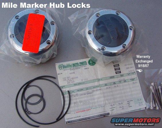 hublocksnew.jpg You don't have to spend $130/pr on Warn Premium hub locks to get a lifetime warranty.  And the Warns are no stronger than MileMarkers. ***SEE BELOW***  I've put ~100Kmi on these off-roading in mud/sand/rocks, and even towing another truck on the highway in FWD when my rear d'shaft was out.  The only reason I changed them out today was that the knobs were starting to wear out.  Hub locks (other than '87-88 flange-style) can be changed with the front wheels on the ground as normal, and the truck is even safe to drive with the locks removed, but the wheel bearings will lose grease & become contaminated.

The big red NOTICE sticker says not to add ANY grease to the locks - just make sure the wheel bearings are lubed & adjusted properly.  Packing the hub lock with grease will prevent it from working.

***After breaking 3 sets of these in quick succession, I've changed my mind about their strength.  I returned these for credit, and I'm now running factory 5-screw auto locks.***

[url=http://www.supermotors.net/registry/media/840033][img]http://www.supermotors.net/getfile/840033/thumbnail/34out.jpg[/img][/url] . [url=http://www.supermotors.net/registry/media/840034][img]http://www.supermotors.net/getfile/840034/thumbnail/35mess.jpg[/img][/url]