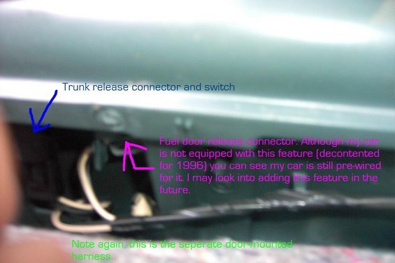 pdrm0242.jpg Removing the door panel will uncover the factory fuel door wiring clipped to the plug.



If you're lucky, you can pry out the plug from the top, and the wiring will come out with it - without having to pull the door panel.

If not, you can pop out the trunk release from the top and try to fish the fuel door switch connector out the hole, or just remove the panel:
[url=http://www.crownvic.net/drock96marquis/95-02doorpanelremoval.htm]http://www.crownvic.net/drock96marquis/95-02doorpanelremoval.htm[/url]