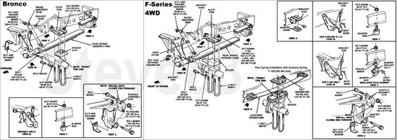 springsr.jpg Rear Spring Details
IF THE IMAGE IS TOO SMALL, click it.

Rear Spring: F-150-250-350 (4x2 and 4x4), F-Super Duty Chassis Cab, Commercial Chassis, Motorhome Chassis and Bronco

Removal

1. Raise the vehicle frame until the weight is off the rear spring, with the tires still touching the floor.
2. Remove the nuts from the spring U-bolts and drive the U-bolts from the U-bolt plate. If so equipped, remove the auxiliary spring and spacer.
3. Remove the spring-to-bracket nut and bolt at the front of the spring.
4. Remove the shackle lower nuts and bolts at the rear of the spring. Remove the spring and shackle assembly from the rear shackle bracket.
5. Remove the bolt and nut that secures the shackle to the spring.

Installation

1. Position the spring in the shackle, and install the upper shackle-to-spring bolt and nut with the bolt head at the inboard side.
2. Position the front end of the spring in the bracket and install the bolt and nut.
3. Position the shackle in the rear bracket and install the bolt and nut.
4. Position the spring on top of the axle with the spring tie bolt centered in the hole provided in the seat. If so equipped, install the auxiliary spring and spacer (F3TZ5729A for all '78-96 Broncos).
5. Install the spring [url=http://www.eatonsprings.com/tipinsertsreboundclipsubolts.html]U-bolts[/url], U-bolt plate and nuts.
6. Lower the vehicle to the floor. Tighten the spring U-bolt nuts, the front spring bolt and nut, and the rear shackle bolts and nuts to specifications as listed at the end of this section.

Standard rear shock Ford F4TA18080VA