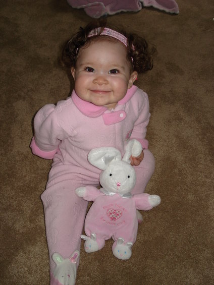 mia-at-9-months-002.jpg Look!  My bunny has the same outfit as me!