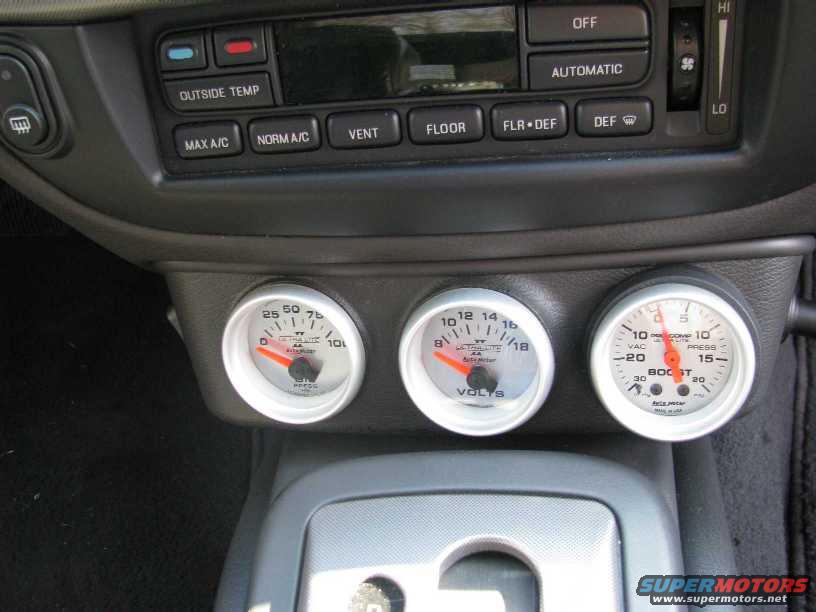 gauges-before.jpg After installing Autometer Ultra Lite II Volt and Oil Pressure gauges, I installed an Ultra Lite II Boost gauge to match. Plus, the shine-through LED lighting is far superior to the regular Ultra Lites. 

Plus, I wanted to rearrange the order of the gauges in the cluster, with Boost being the closest to me.