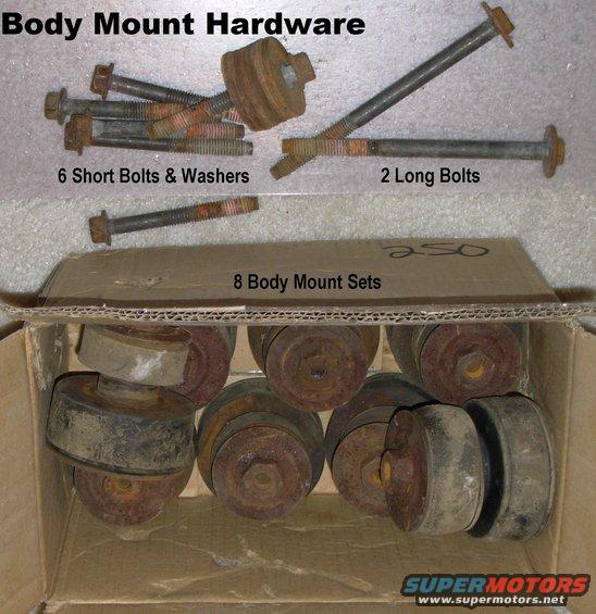 bodymounthdwr.jpg SOLD Body Mount Hardware from '96 Bronco 7/16&quot;-14tpi

Does not include core support parts, which are even harder to find & remove intact than these.

See also:
[url=http://www.supermotors.net/registry/media/72356][img]http://www.supermotors.net/getfile/72356/thumbnail/energy-body-mounts.jpg[/img][/url] . [url=http://www.supermotors.net/registry/media/194329][img]http://www.supermotors.net/getfile/194329/thumbnail/body-mounts.jpg[/img][/url] . [url=http://www.supermotors.net/vehicles/registry/media/71625][img]http://www.supermotors.net/getfile/71625/thumbnail/body-mount-parts.jpg[/img][/url] . [url=http://www.supermotors.net/registry/media/309895][img]http://www.supermotors.net/getfile/309895/thumbnail/45lcorespt.jpg[/img][/url] . [url=http://www.supermotors.net/registry/media/309896][img]http://www.supermotors.net/getfile/309896/thumbnail/46rcorespt.jpg[/img][/url]

The front bolts are M12x1.75 100mm FULLY THREADED w/15mm head & small integral washer.
The 6 identical bolts are 7/16&quot;x14(NC) 3.75&quot; long threaded 2.5&quot; with a 5/8&quot; head with small integral washer.
The rear bolts are 7/16&quot;x14(NC) 6.5&quot; long threaded 2.5&quot; with a 5/8&quot; head with large integral washer.