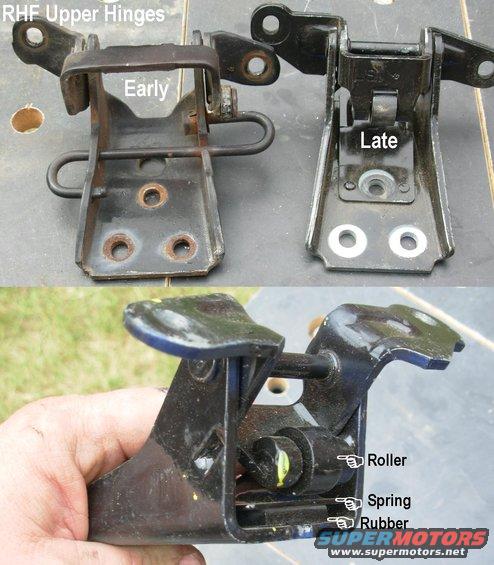 hingesrhfu.jpg RHF Upper Hinge Differences
(Note that upper hinges for the Right door are stamped LS; left-side hinges are stamped RS.)

The F-series & Bronco lower hinges are identical (reversible), and did not change from '80-96 (& '97 >8500GVWR). 

Early upper hinges use an S-spring rod & an indexed roller wheel that must be greased frequently (and turned manually occasionally) to avoid noise. Later hinges use a larger roller & flat band spring with rubber reinforcement, but the band is known to crack.  If it does, [url=http://www.amazon.com/Help-38435-Door-Hinge-Ford80-96/dp/B0002JMRY6/]HELP 38435[/url] is one way to fix it.

To install a hinge & align the door, read the other captions in this album.