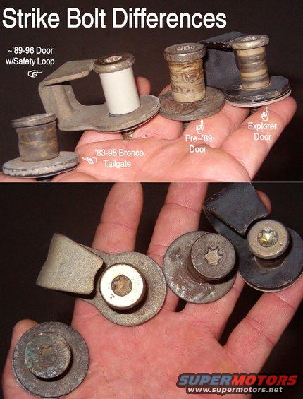 strkebolts.jpg Strike Bolt Differences; all use T50 drive

The '89-96 Door bolt shown has a replacement bushing.  The bolt is designed to be unscrewed from the safety loop or washer, but after being tightened, the hole sometimes shrinks, making it necessary to apply force to the bolt tip while unscrewing it.

[url=https://www.supermotors.net/registry/media/958836][img]https://www.supermotors.net/getfile/958836/thumbnail/strikebolts.jpg[/img][/url]

Striker bolt torque is 24-33lb-ft (33-45Nm) for Bronco/F.

[url=http://www.amazon.com/dp/B000COCRHI/]Dorman 38424 strike sleeve kit[/url]