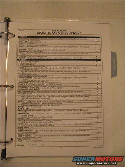 img_5067-(large).jpg Very rare 2003 Order Guide for the Mercury Marauder.  

This is what the Inventory Manager uses to order the vehicles with.  These guides include the Standard Equipment along with the Options available and the codes for them.  

They also show the paint combinations available and the paint and interior codes.  This guide consist of 7 printed pages. 