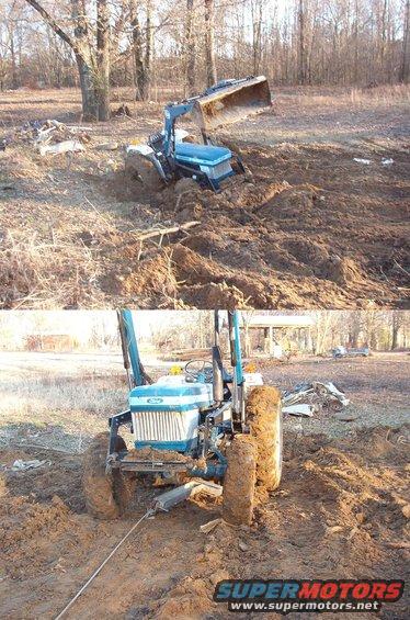 tractor.jpg New Year's Day '09

Ben (havack, BroncoData.com) invited me over to his place to celebrate.  He was backdragging dirt toward this hole when he ran over a buried stump that prevented him from declutching, so the tractor backed into the soft spot he was trying to fill.  After messing with it for a while, he called me.

We tried a straight pull, but I didn't have enough traction (still on the skinny highway tires).  So we used my &quot;contraption&quot; to change the direction of the pull, and it came right out.

[url=http://www.supermotors.net/registry/media/996251][img]http://www.supermotors.net/getfile/996251/thumbnail/recovery.jpg[/img][/url]