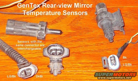 rvmirtempsnsrs.jpg Temperature Sensors for GenTex Mirrors

The 2 sensors on the L are electronically interchangeable, and use the same connector.  The R one uses a different connector & operates over a different range.

Not for Ford overhead consoles.

[url=http://www.supermotors.net/registry/media/207947][img]http://www.supermotors.net/getfile/207947/thumbnail/rvmirrorc900.jpg[/img][/url]