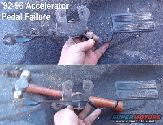 acceleratorpedal.jpg '92-96 Accelerator Pedal Failure

The pedal arm is simply pressed onto the splines of the shaft, and it can slide sideways, becoming loose & noisy.  To fix it, lay the pedal arm across the jaws of a vise with the pedal mounting bracket free between the jaws.  Then hammer the pivot shaft down thru the pedal arm like a nail thru a board.  If the pedal is still loose, use a blunt drift to damage the splines, then drive the pedal onto the damaged area, & damage the splines on the other side to lock it in.