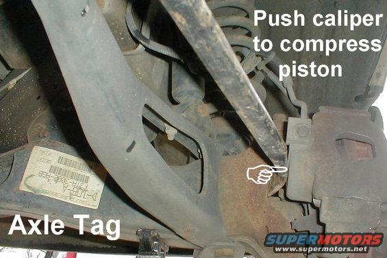 b21.jpg If the rotors (BRR56 / BRR207) are heavily scored or lipped, it will be necessary to compress the caliper with a prybar before swinging the caliper & pads off the rotor.

Always photograph or manually copy this style of axle tag before it becomes illegible.  There is no other ID information on axles with this style of tag, so if this tag is obliterated, there's nothing left to look up parts from.  Read the TSB in this caption:

[url=http://www.supermotors.net/registry/media/544471][img]http://www.supermotors.net/getfile/544471/thumbnail/d44ifs96tag.jpg[/img][/url]