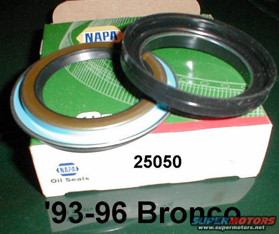 b55.jpg 2-piece Inner Wheel Seal (Rolling Diaphragm Seal) used on late ~5/95~96 1/2-ton 4WDs.

The pair is MotorCraft [url=https://www.amazon.com/dp/B00130L82U]BRS23[/url] or F5TZ-1S190-AA.  The original-design rubber seal is [url=https://www.amazon.com/dp/B00130J4BW]MotorCraft BRS78[/url]; the revised rubber seal is [url=https://www.amazon.com/dp/B00130H80Q]BRS86[/url]; the steel seal is [url=https://www.amazon.com/dp/B00130L5AU]MotorCraft BRS85[/url]
#6&7 in this diagram:
[url=https://www.supermotors.net/registry/media/277563][img]https://www.supermotors.net/getfile/277563/thumbnail/hublockmanual95up.jpg[/img][/url]

ERROR: It was NOT used on '93-94s, and can't be used on them without changing the spindle AND hub.

The black seal slips onto the spindle.  The side visible in this pic goes OUTboard against the smooth surface of the metal seal; the smaller ring slips over the spindle's base shoulder.  APPLY GREASE to the larger lip or the wheel will squeak.  Either wheel bearing grease, or silicone grease (preferred), or PTFE (teflon).

See also:
[url=https://www.supermotors.net/registry/media/728442][img]https://www.supermotors.net/getfile/728442/thumbnail/spindles8396.jpg[/img][/url]