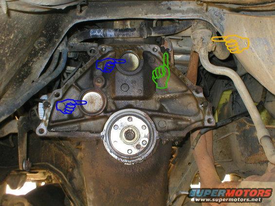 bareback.jpg Since I didn't have a pilot bearing puller, I removed the flywheel to keep the grease off of it.  The upper blue is a coolant bore plug; the lower blue is the cam bore plug; the green is the temperature sender for the gauge; and the yellow is the air check valve from the smog pump.

[url=http://www.supermotors.net/registry/media/559836][img]http://www.supermotors.net/getfile/559836/thumbnail/freezeplug.jpg[/img][/url]
http://www.fourdoorbronco.com/board/showthread.php?t=5230