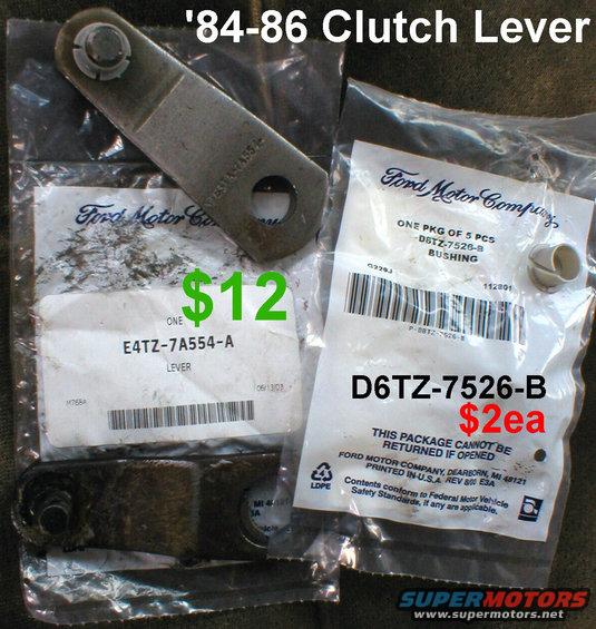 lever--bushings.jpg Even with the right shaft, my slotted '86 lever was too far gone to reuse, so I had to order a new one.  Because spline alignment is so critical, Ford recommends changing this lever every time the master cylinder is changed. The plastic bushing is also critical, because the MC pushrod eye is oversized.  I bought some extras...

The lever for '83-older mechanical is E1TZ7A554A .
The lever for '84-97 hydraulic is [url=https://www.amazon.com/dp/B0042HE68Y]E7TZ7A554A[/url] . The '84-86 bushing is D6TZ7526B . The '87-97 bushing is E69Z7526A and is included in Dorman 14041.

[url=https://www.supermotors.net/registry/media/1040052][img]https://www.supermotors.net/getfile/1040052/thumbnail/52clutchclip.jpg[/img][/url]

For more info on replacing this lever, read these captions:
[url=https://www.supermotors.net/registry/media/723939][img]https://www.supermotors.net/getfile/723939/thumbnail/tsb871615clutchpedallow.jpg[/img][/url] . [url=https://www.supermotors.net/registry/media/72320][img]https://www.supermotors.net/getfile/72320/thumbnail/hydclutch.jpg[/img][/url]