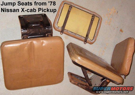 jumpseatstan.jpg Jump Seats from '78 Nissan extended cab pickup with tan vinyl upholstery & backrests.

I'm still not sure if these were a factory option in Broncos, a dealer option, or an aftermarket option.  I've only seen 2 other FSBs with them, and both were '80-86 with matching upholstery, but that might have been custom-made.  I know they were original equipment on Datsun/Nissan king cabs.

They're surprsingly comfortable & secure, according to everyone who has ridden in them.  Even the ones who rode here during some ROUGH off-roading.

The biggest DISadvantages to these are that I can't use an aftermarket molded cargo area mat, or the stock '92-96 bedwall panels because of their pockets. They won't work with an inside spare, either.

[url=http://www.supermotors.net/vehicles/registry/media/515122][img]http://www.supermotors.net/getfile/515122/thumbnail/jumpseatup.jpg[/img][/url] . [url=http://www.supermotors.net/registry/media/515123][img]http://www.supermotors.net/getfile/515123/thumbnail/jumpseatdown.jpg[/img][/url] . [url=http://www.supermotors.net/registry/media/76005][img]http://www.supermotors.net/getfile/76005/thumbnail/jump-seat-frames.jpg[/img][/url] . [url=http://www.supermotors.net/registry/media/71651][img]http://www.supermotors.net/getfile/71651/thumbnail/jump-seats.jpg[/img][/url] . [url=http://www.supermotors.net/registry/media/1027401][img]http://www.supermotors.net/getfile/1027401/thumbnail/jumpsource.jpg[/img][/url]