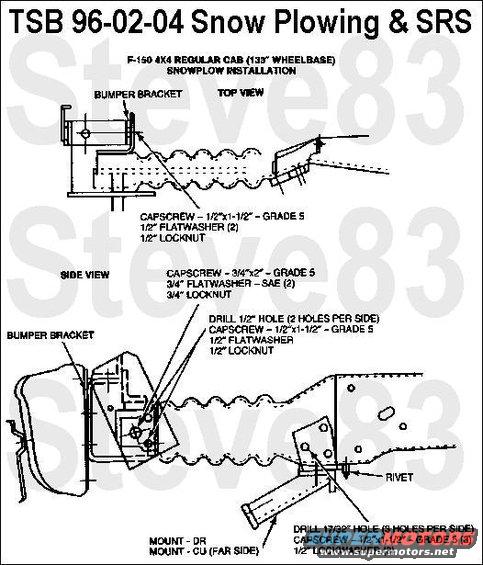 tsb960204snowplowsrs.jpg TSB 96-02-04 Snow Plowing and SRS
Publication Date: JANUARY 15, 1996

LIGHT TRUCK:  1994-96 F-150

ISSUE: Some customers have questioned if snowplowing will lead to possible unintended deployment of the air bag supplemental restraint (SRS) in the subject vehicles. The following general information is provided to assist you when responding to these inquiries.

ACTION: Refer to the following information when responding to customer inquiries.

GENERAL INFORMATION

SRS AND PERSONAL USE SNOW REMOVAL ARE COMPATIBLE
The F-150 Regular Cab 4X4 is equipped with safety belts and a driver SRS. Ford engineers evaluated the SRS on an F-150 Regular Cab 4X4 in snow removal applications by installing representative snowplow hardware. They tested the vehicle under a variety of conditions to simulate low speed, personal use snow removal. The results of the tests indicated an appropriately equipped, F-150 Regular Cab 4X4 and its SRS are compatible with low speed, personal use snow removal.

The driver SRS is designed to deploy in moderate-to-severe frontal crashes.

The SRS is designed to activate in a frontal collision equivalent to hitting a solid barrier (such as a wall) at about 23 km/h (14 mph) or more, or roughly speaking, a full frontal perpendicular collision with a parked car or truck of similar size at 45 km/h (28 mph) or more.
Careless or high speed driving while plowing snow which results in vehicle decelerations equivalent to or greater than the air bag deployment threshold described above, would deploy the air bag.
Such careless driving also increases the risk that a driver may become involved in an accident. If this occurs, the SRS is designed to deploy and provide protection for the driver.

RECOMMENDATIONS 
When using the vehicle for snow removal, never modify or defeat the &quot;tripping mechanisms&quot; designed into the snow removal equipment by its manufacturer. Doing so may cause damage to the vehicle and the snow removal equipment as well as possible SRS deployment.
Commercial snow removal applications should utilize F-250 HD Regular Cab 4X4, F-350 Regular Cab 4X4 or F-350 4X4 Chassis Cab vehicles which are much more appropriate for the rigors of long hours of plow operation.
As with all vehicles which contain an SRS system, Ford recommends that you always properly wear your safety belts and never tamper with, disconnect, or deactivate the SRS.

As with earlier model F-150's without SRS, Ford continues to recommend vehicle specifications for F-150 Regular Cab 4X4 vehicles suitable for snow removal which are found below: 
F-150 4X4 Regular Cab* - 133&quot; Wheelbase
84 Amp Battery
Super Engine Cool
V-8 Engine
Manual Locking Hubs
Front Suspension Package
Automatic Transmission
All Terrain Tires
NOTE:  (*) F-SERIES SUPERCAB AND SHORT WHEELBASE MODELS AS WELL AS BRONCO AND ALL COMPACT TRUCKS ARE NOT RECOMMENDED FOR SNOW REMOVAL.

SNOW REMOVAL HARDWARE
Only installations shown in the appropriate Ford Truck Body Builders Layout Book have been evaluated by Ford. Different snow removal hardware may have different attachment points to the frame and may or may not affect deployment of the SRS.

OTHER APPLICABLE ARTICLES: NONE
SUPERSEDES: 94-02-19
WARRANTY STATUS: INFORMATION ONLY

For other TSBs, check [url=http://www.revbase.com/BBBMotor/]here[/url].