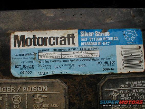 battery.jpg This is the best battery for the money (now renamed TestedToughMAX).  ~$140 (during sales) with an 8-year [url=http://www.motorcraft.com/servlet/BlobServer/terms-and-condition.pdf]warranty[/url], the first 3 of which are free-replacement.  The Optima doesn't come close to that, or the CCA or reserve capacity, and costs MUCH more.  This battery is made by Johnson Controls, just like Optima, but this is from the same line as Sears DieHard Gold, Interstate MTP, and a few other high-quality batteries.  DuraLast & EverStart are bottom-end JC batteries.

Before buying a craptasmic battery or other common part, check for [url=http://owner.ford.com/maintenance/service-coupons-and-offers.html?pagename=Owner/Page/ServiceCouponsPage]coupons & service offers from Ford[/url].

[url=https://www.supermotors.net/registry/media/975094][img]https://www.supermotors.net/getfile/975094/thumbnail/34batt.jpg[/img][/url] . [url=https://www.supermotors.net/registry/media/1045885][img]https://www.supermotors.net/getfile/1045885/thumbnail/battbrds.jpg[/img][/url] . [url=https://www.supermotors.net/registry/media/1127068][img]https://www.supermotors.net/getfile/1127068/thumbnail/duraleaks.jpg[/img][/url] . [url=https://www.supermotors.net/registry/media/830812][img]https://www.supermotors.net/getfile/830812/thumbnail/mdxp300.jpg[/img][/url] . [url=https://www.supermotors.net/registry/2742/69178-4][img]https://www.supermotors.net/getfile/723279/thumbnail/07done.jpg[/img][/url]

Hold-down with long bolt https://www.amazon.com/dp/B000CO76EW/

http://www.batteryfaq.org/